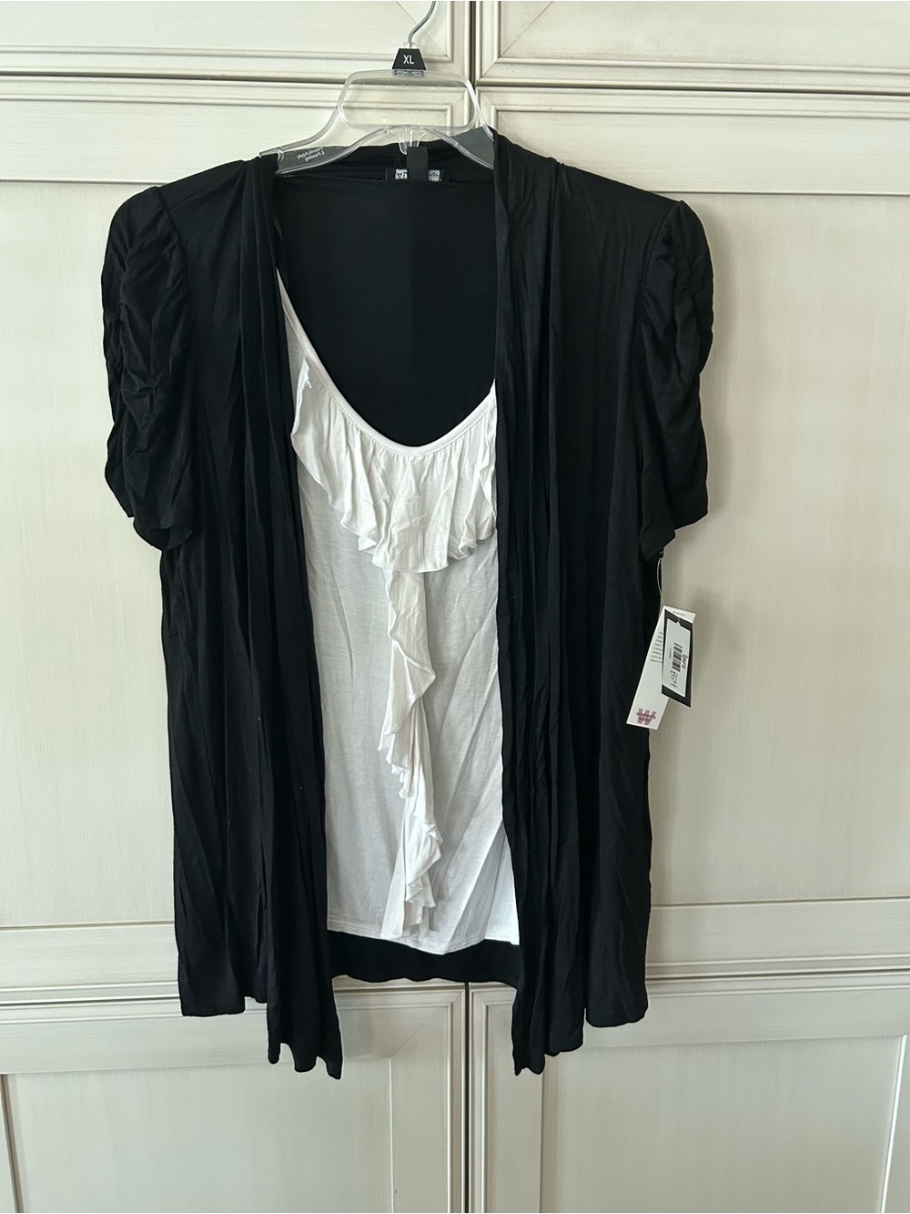 Alyx Black Open-Front Cardigan with White Ruffle Attached Tank